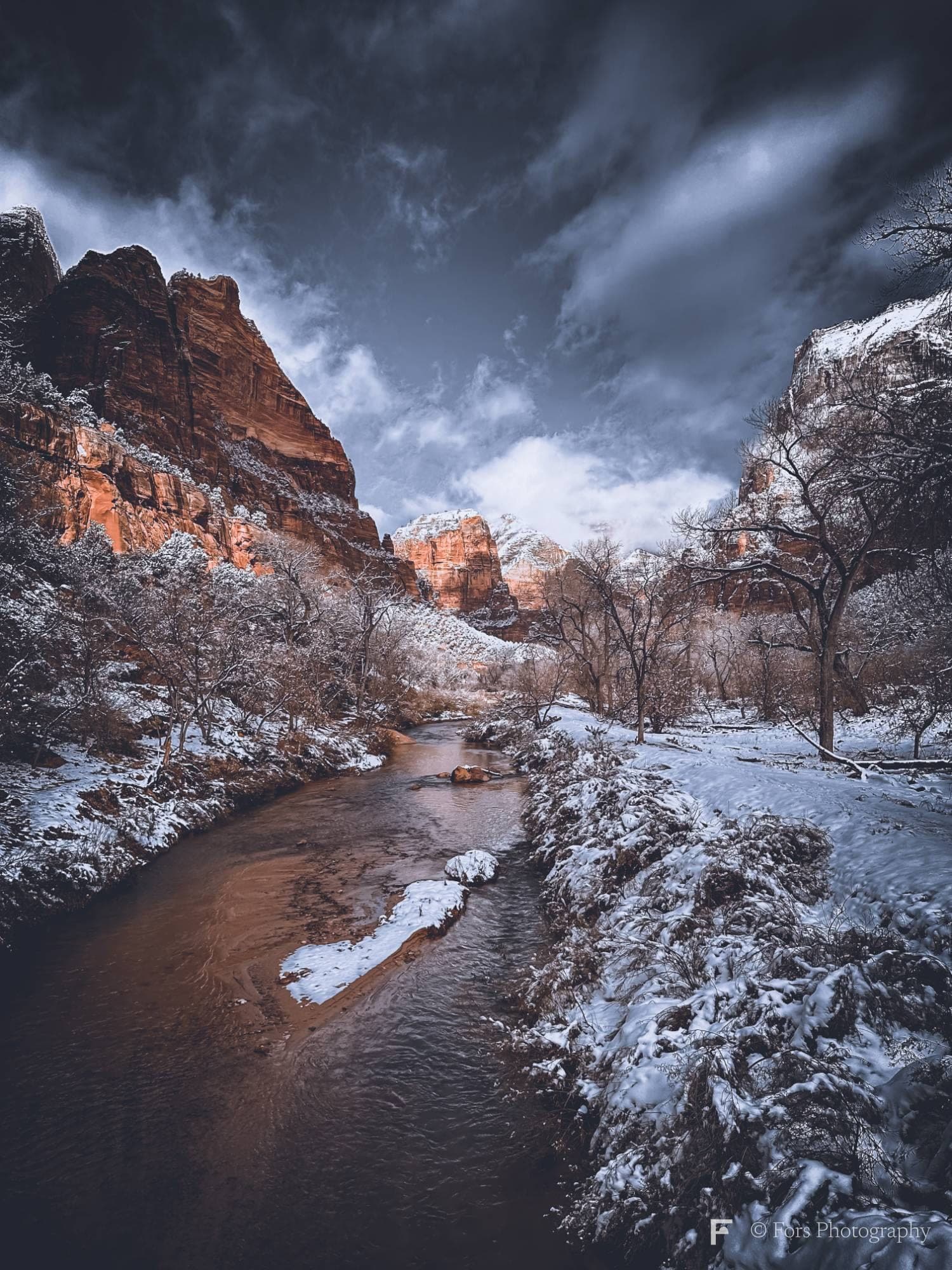 A muddy river winding through a snow-covered canyon floor, bare trees on both banks and red sandstone cliffs rising into a dramatic sky.